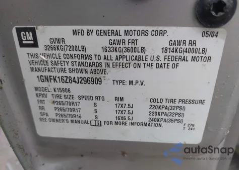 2004 Chevrolet Suburban 1500 Lt z USA, uszkodzony, nr VIN 1GNFK16Z84J296909